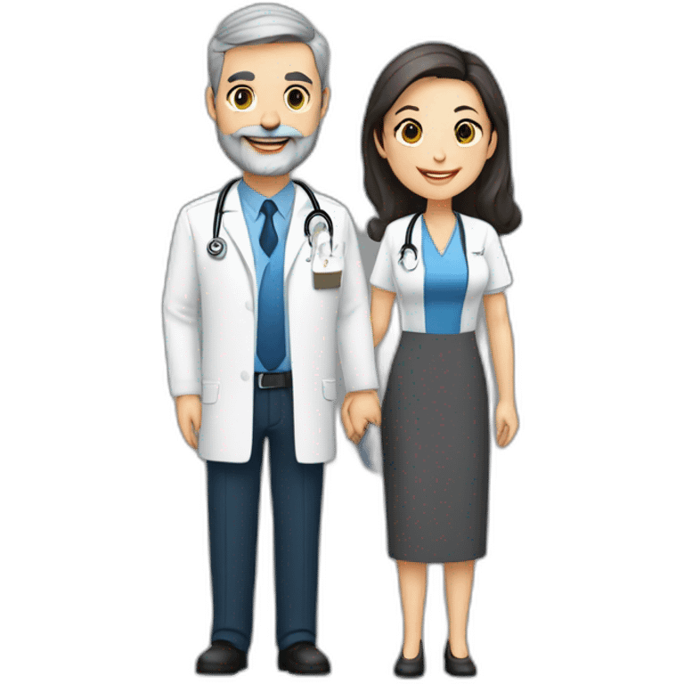 husband classy caucasian 55 dark gray hair trimmed beard executive holding bible, with wife asian age 55 dark hair nurse uniform, no children emoji