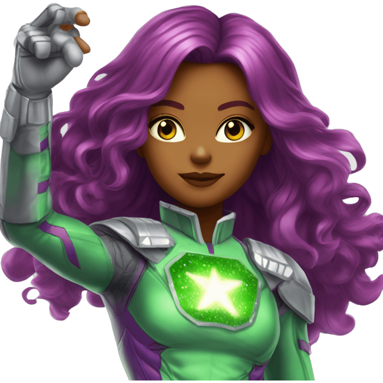 dc comics starfire glowing green eyes red long hair, purple and silver spacesuit with no helmet green jewels emoji