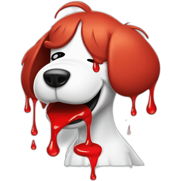 Snoopy with red juice on face dripping from mouth, angry emoji