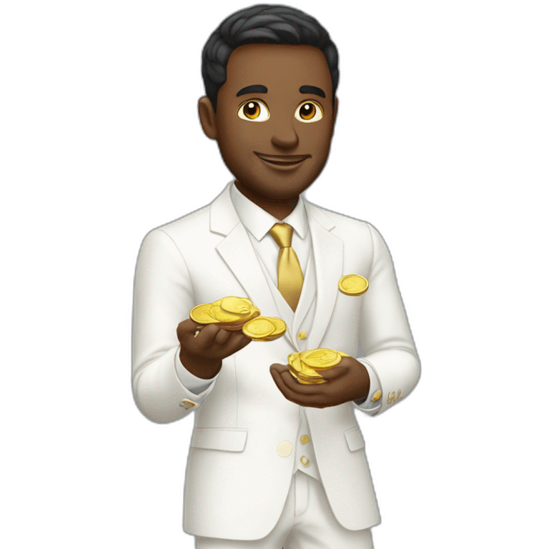 Posh-man-with-white-suit-holding-golden-coins emoji