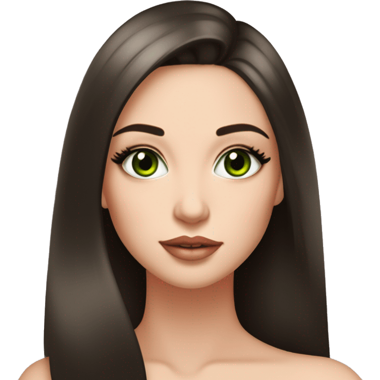 beautiful girl with high cheek bones orange blush, long straight shiny dark brown hair, big green eyes and big pale pink lips. Long thick eyelashes. Wearing a cream bustier.  emoji