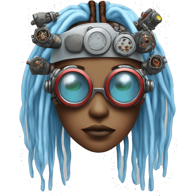 Light blue long dreadlocks female cyborg head with red steampunk goggles and circuits emoji