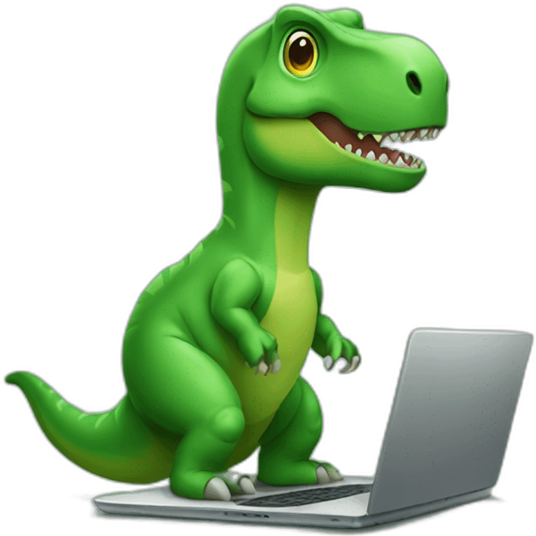 green cute t-rex using laptop emoji