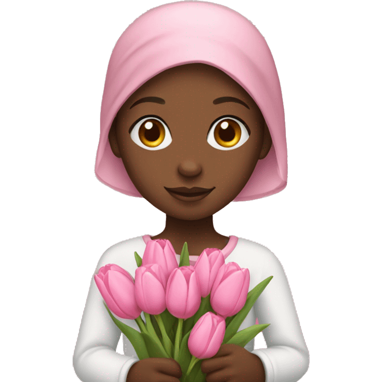 African girl holding pink tulips emoji