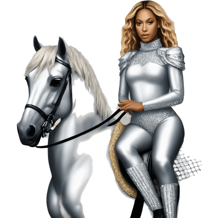 beyonce wearing silver crystal leotard sitting on silver sparkly horse renaissance album cover emoji