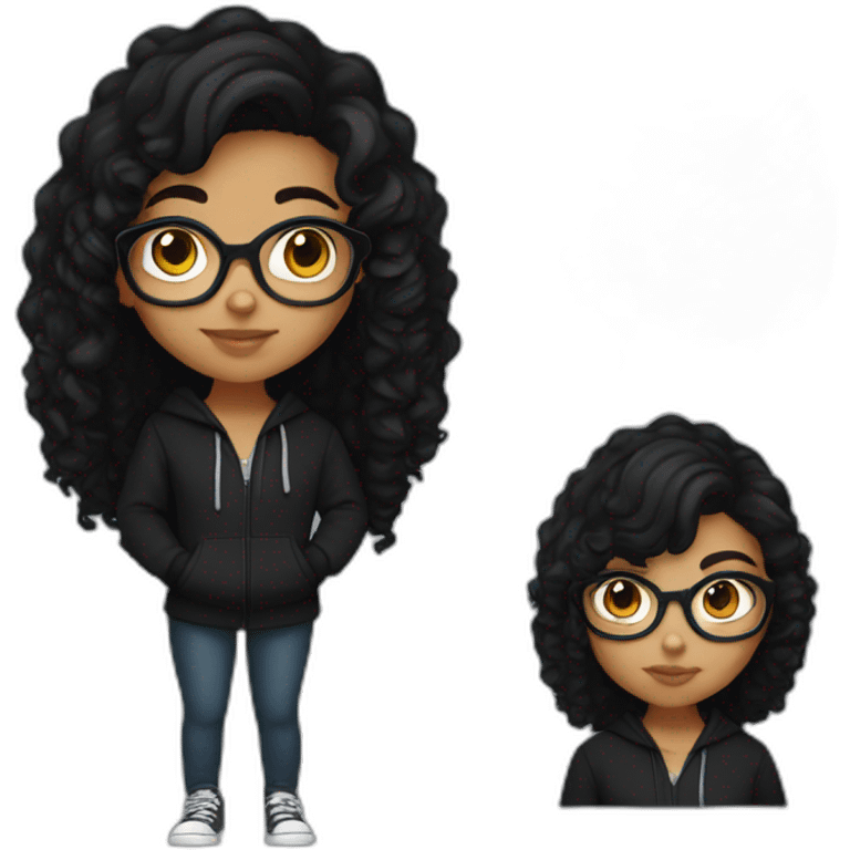 teenage indian girl with glasses with black curly hair wearing a black hoodie with no zipper emoji