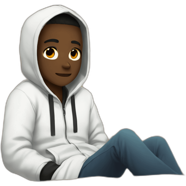 A black man without a face in a white jacket with a hood on lies on boxes in anime style emoji