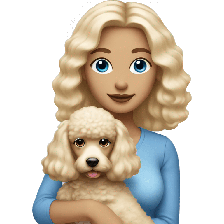 Blonde lady with blue eyes, straight hair  holding poodle puppy cream  emoji