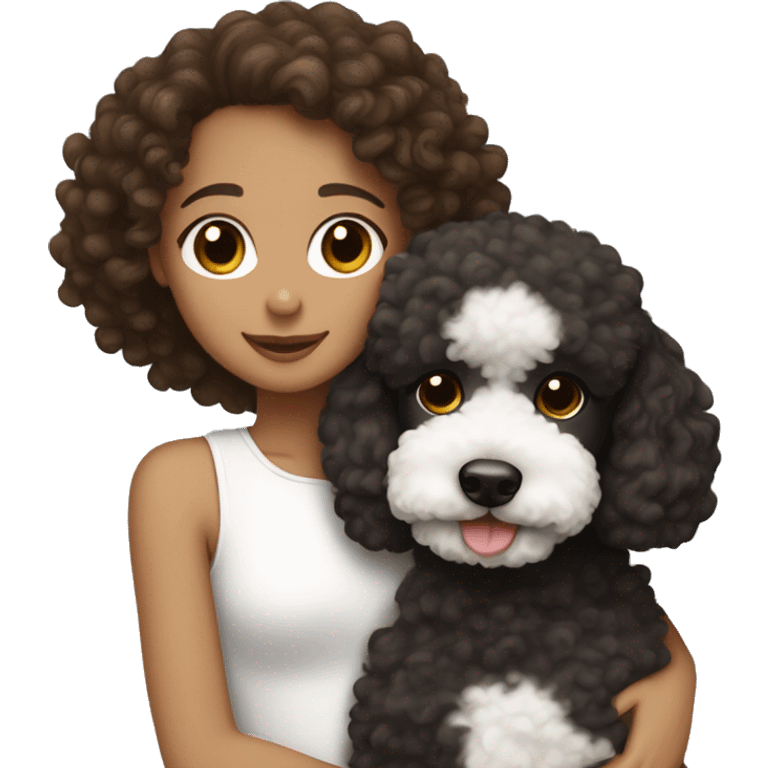 Tan girl with brown curly hair and brown eyes hugging a black and white poodle emoji