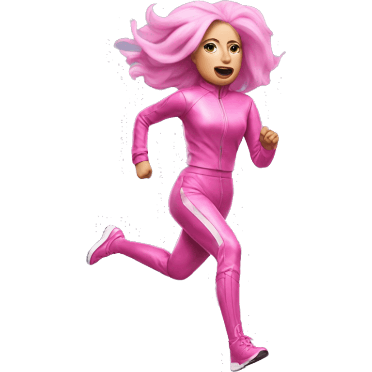 Lady Gaga running in a pink sci-fi outfit and pink hair emoji