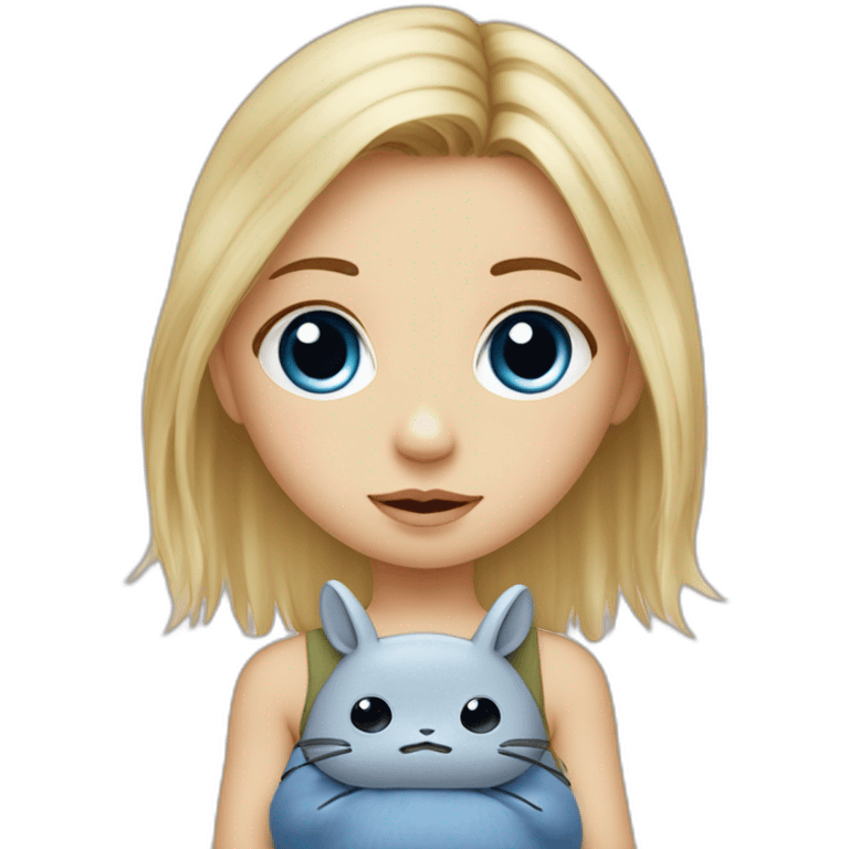 bébé fille blonde décoiffée aux yeux bleus avec une peluche Totoro  emoji