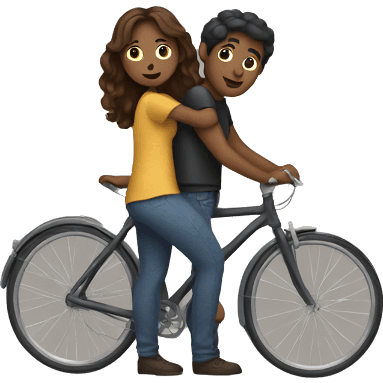 a women wearing biking standing with his boyfriend and he is holding her in hands emoji