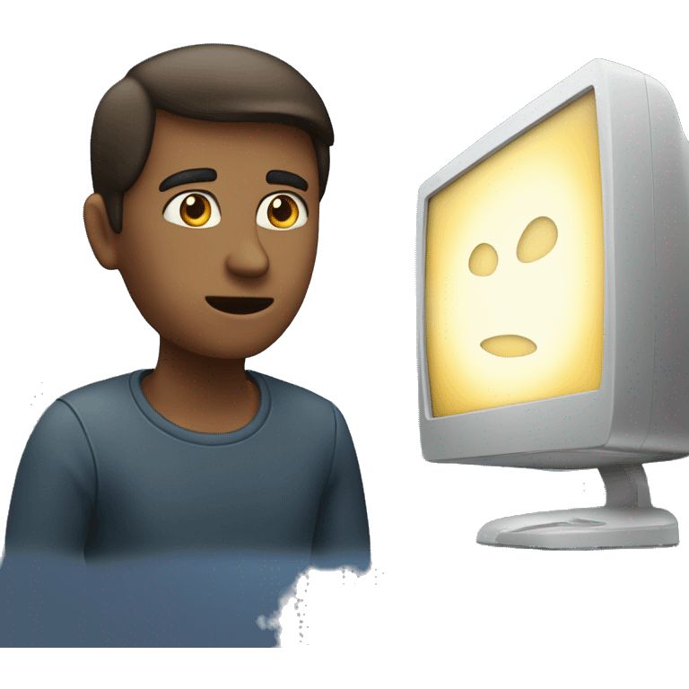 A person looking at a glowing computer screen emoji