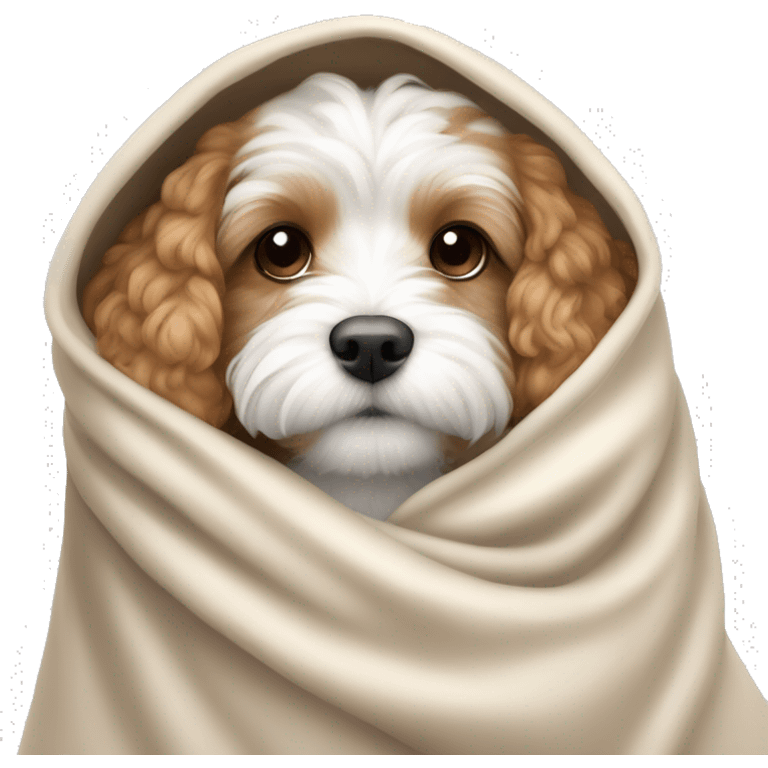 white and light brown cavoodle snuggling in blanket emoji