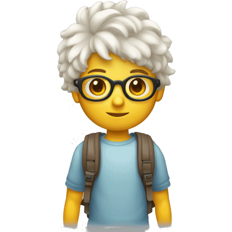 un niño flaco de piel blanca con pelo rulado corto y lentes con mochila emoji