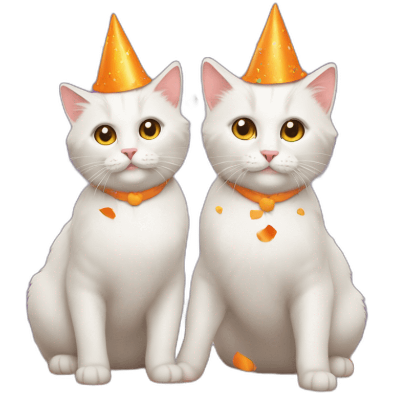 two white cats full body with orange party hats and confetti behind cats at a party emoji