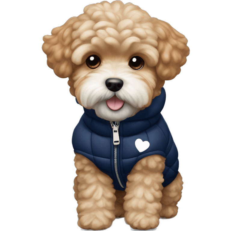 Ginger maltipoo wearing navy blue puffer jacket with white hearts pattern  emoji