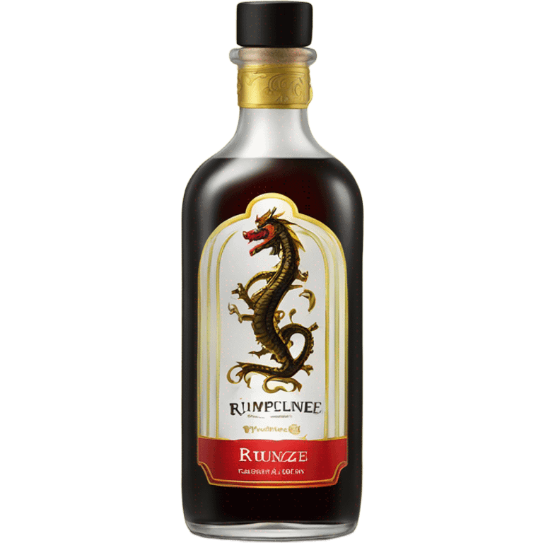 clear bottle of rumpleminze peppermint alcohol with a black and red label that has a small gold dragon on the label emoji