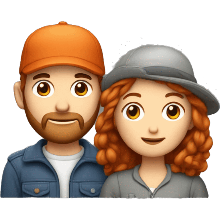 une femme rousse au cheveux courts et un homme avec une petite barbe et une casquette plate sur la tête emoji