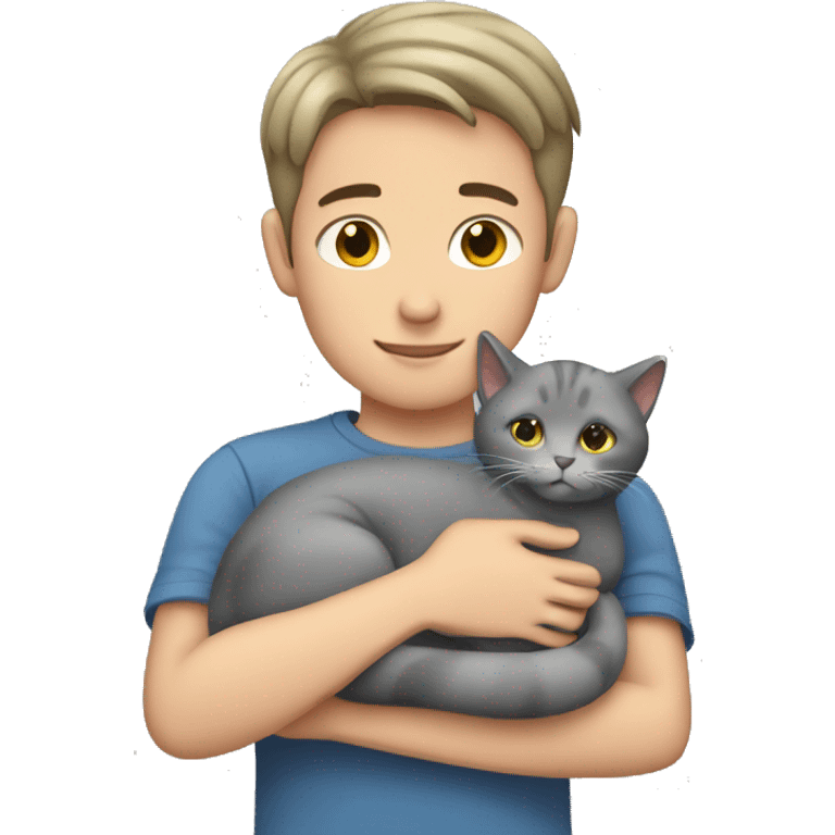 Boy with short hair cuddling grey cat emoji