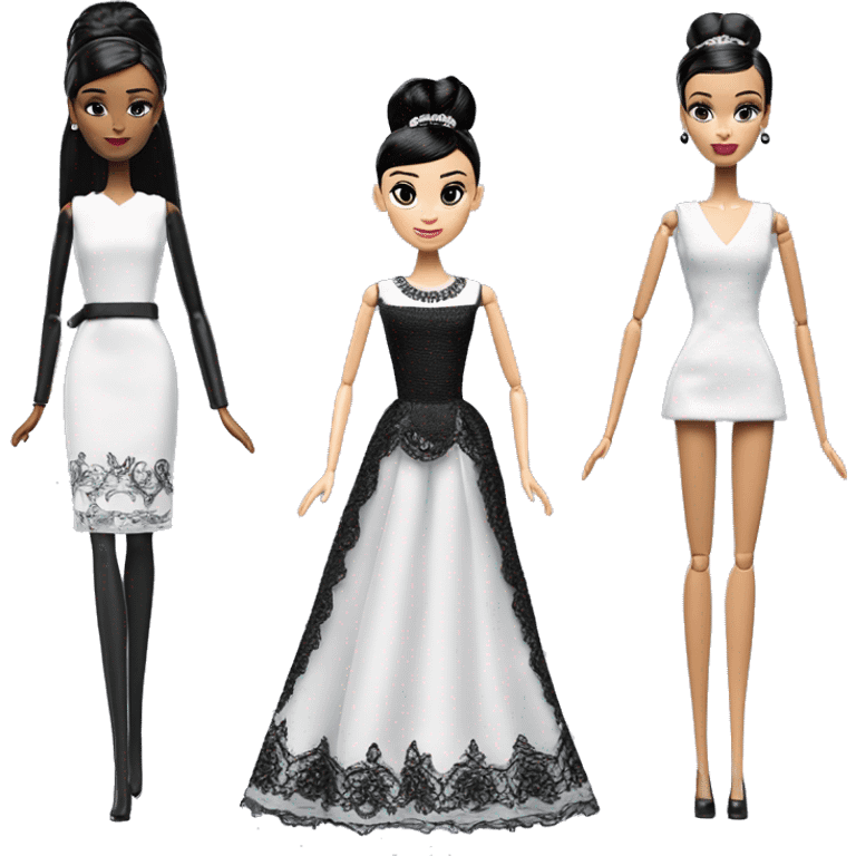 Audrey Hepburn Sabrina Barbie. Wednesday Addams. Show full body. Embroidered long gown with accessories  emoji