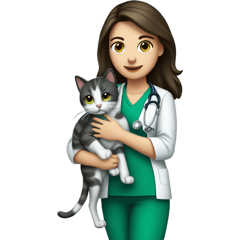 Pretty Brunette veterinary nurse. green scrubs holding a cat emoji