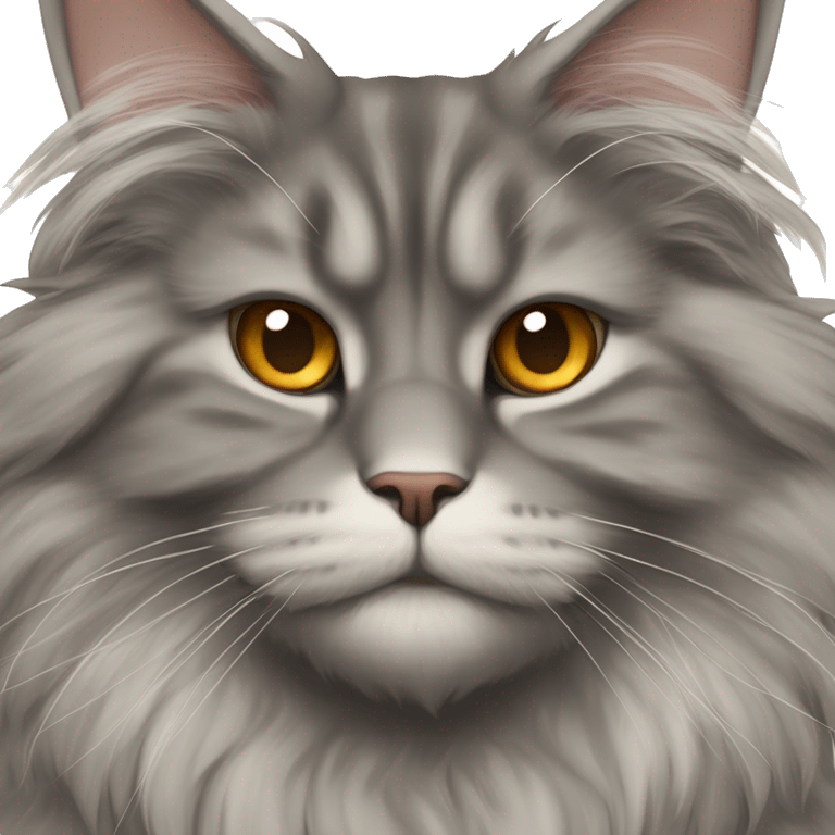 A Persian-Maine Coon mix with a thick, smoky-lightgray coat, round amber eyes, a flat, expressive face, and small, rounded ears. The fur is dense and fluffy, giving a plush and majestic appearance. emoji