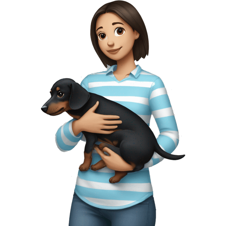 brunette girl with a light blue and white striped shirt holding a black dachshund puppy in her arms emoji