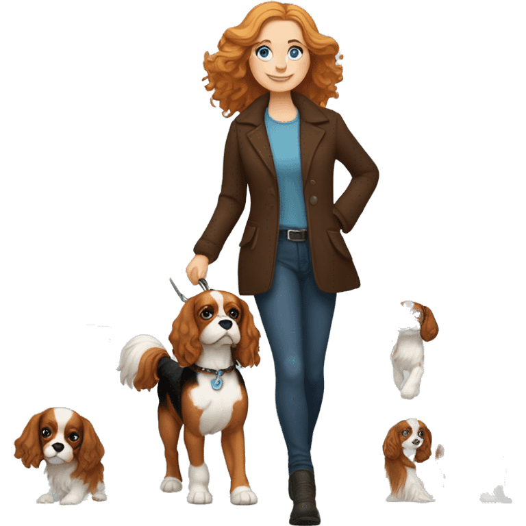 A white woman with blue eyes walks with a cavalier King Charles spaniel emoji