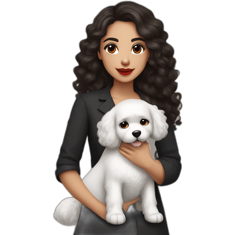 young moroccan woman with dark brown eyes, dark long curling hair, red lips, a black dress, a stethoscope around the neck and a white cotton of tulear dog named Fidji on her lap emoji