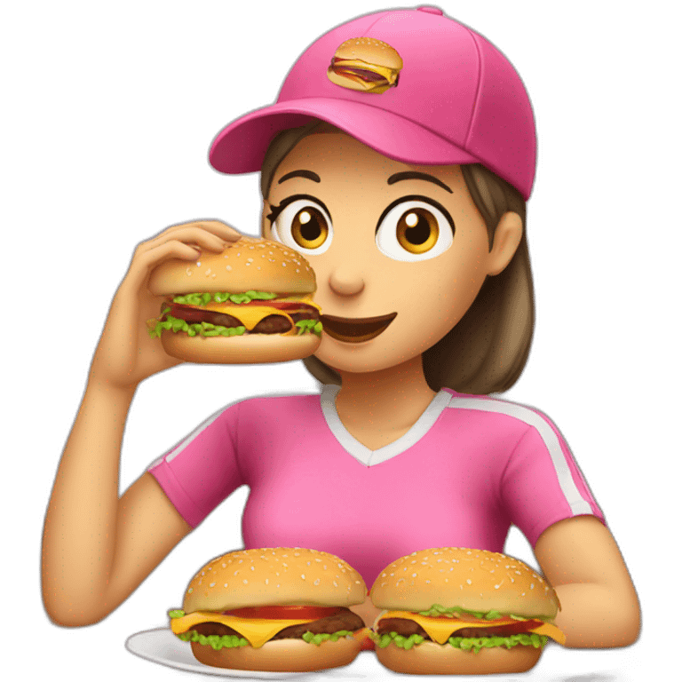 women in pink cap eat burger emoji