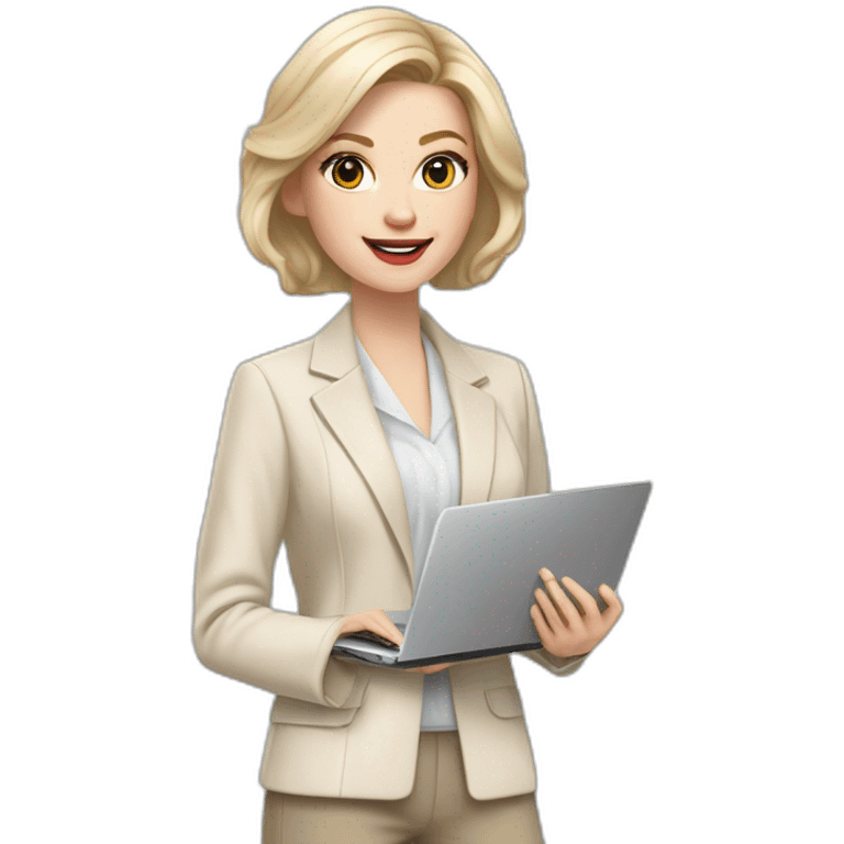 pale skin woman with ash blonde Straightened bob Hair, White Spacious classical jacket, beige palazzo Arrow pants and gray blouse holding a MacBook in the hands emoji