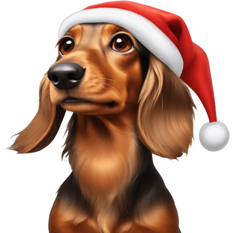 Long haired dachshund ￼with a red Santa hat on its head emoji