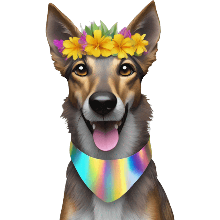  brindle brown black maroon striped lurcher Alsatian fox running blue eyes and iridescent holographic oilslick harness wearing paper iridescent tropical flower crown yellow caution tape emoji