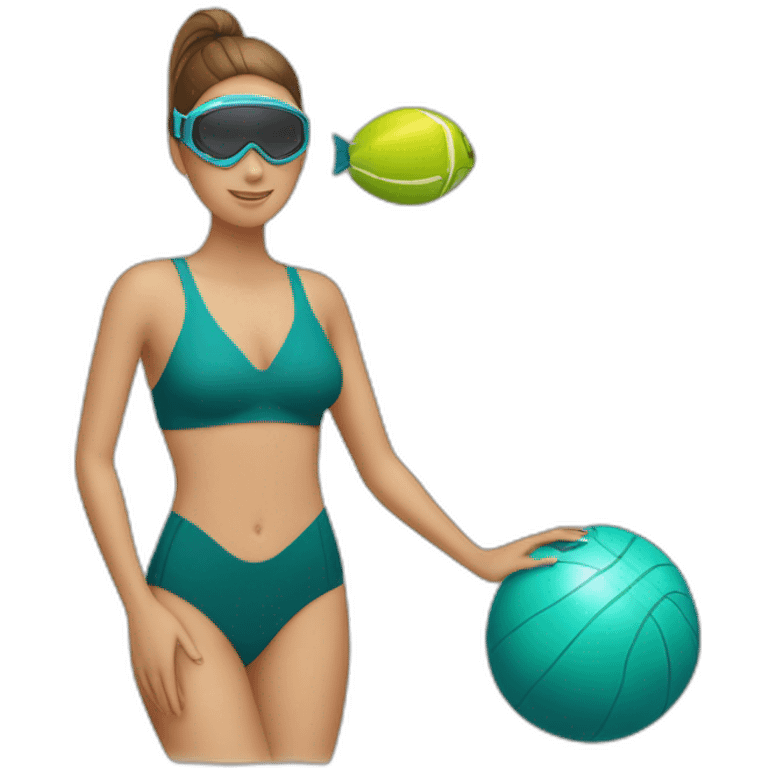 Woman wearing a swimsuit, fins, snorkel equipement, holding a ball, swiming downward, fighting emoji