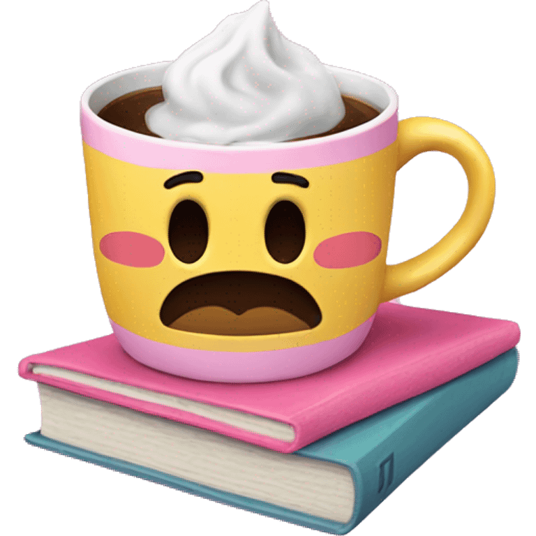 a coffee mug is standing on a pink book emoji