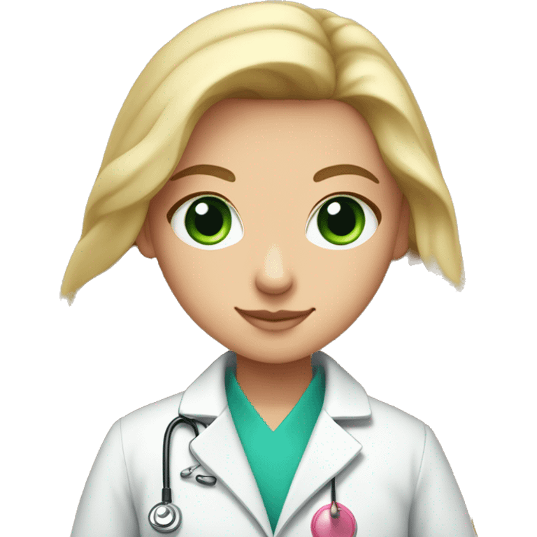 Long haired Blonde girl with green-blue-grey eyes wearing a pink shirt Underneath a whitecoat being  a doctor emoji