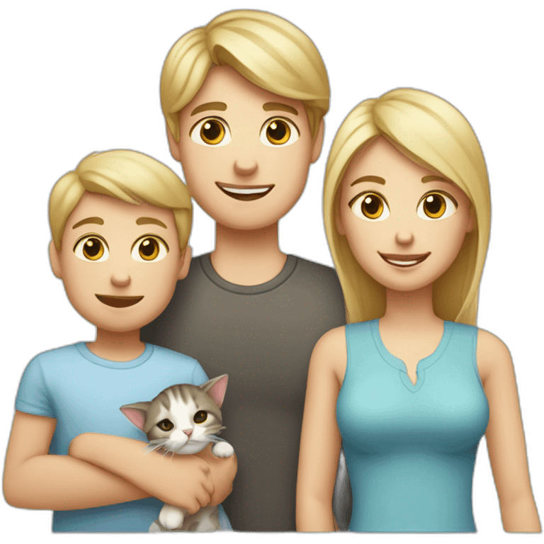 family with blond mother with straight blond hair, baby son with blond hair, brindle cat and white cat with gray spots emoji