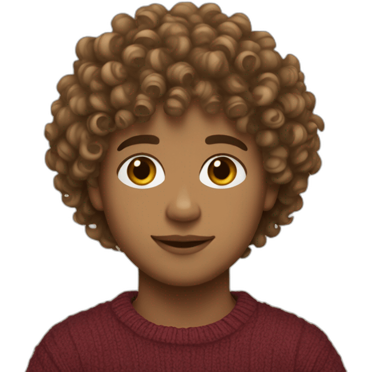 Boy with curls from Venezuela, semi-light brown curly hair. Wearing a sweater with fringes of 3 aesthetically pleasing colors. emoji