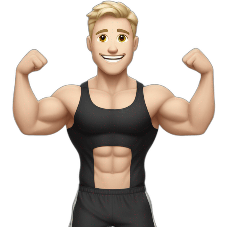 Joyful Celebrating victory Pale skinned Fit Man With the biceps and dark brown hair in black shirt, gray sports shorts and white Sneakers emoji