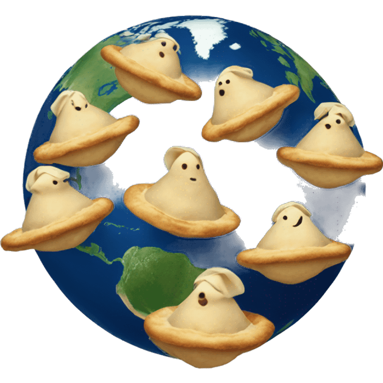 multiple pierogis flying around earth like satelites emoji