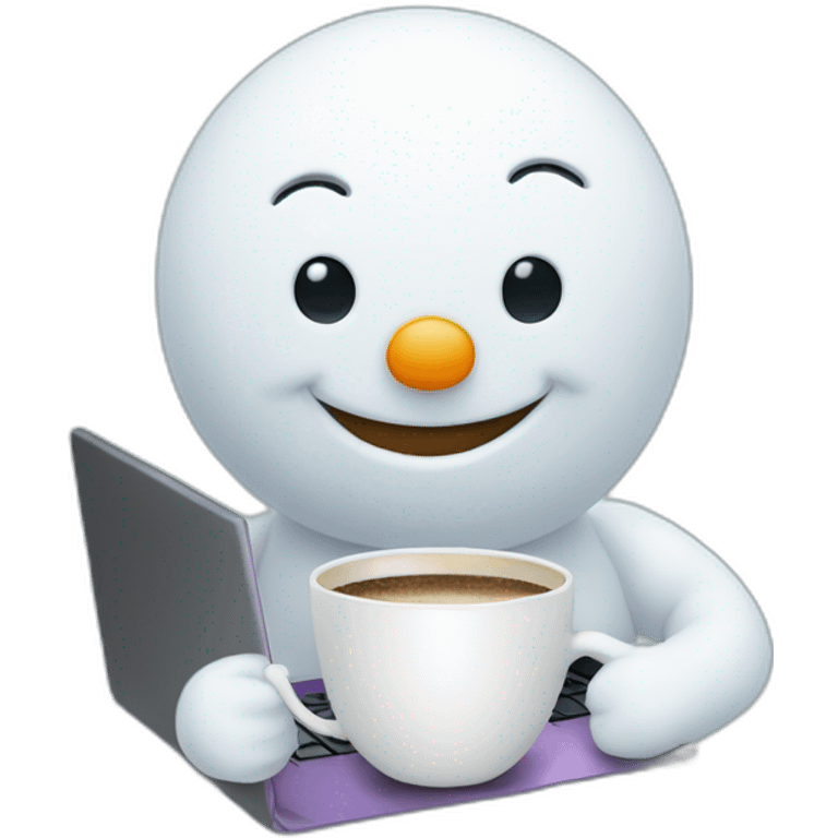 cute tiny smiling snowman working with a laptop holding a coffee mug emoji