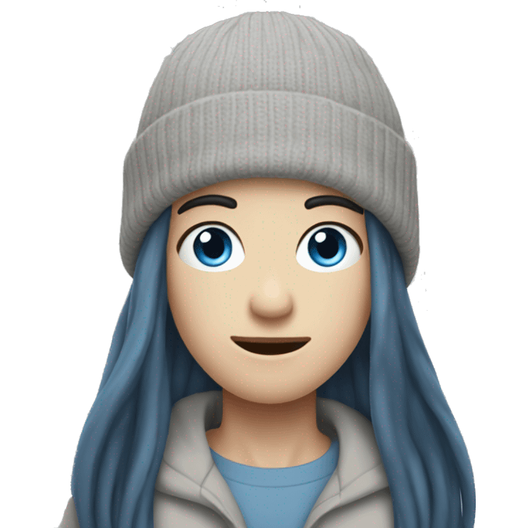 pale man with blue eyes and long black hair wearing grey beanie emoji