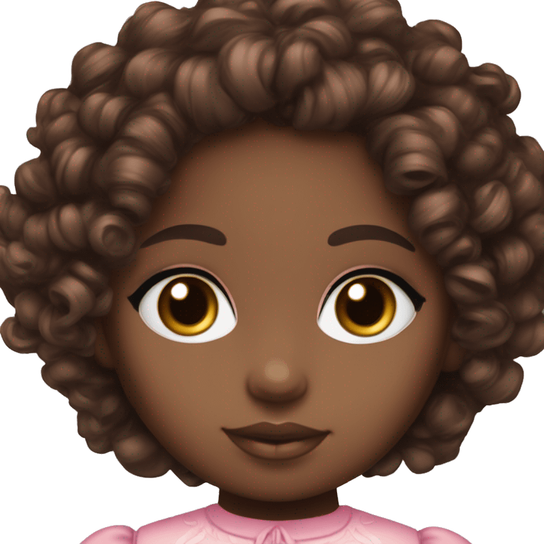 Chocolate brown doll eyes, dark brown curly hair, feminine, pink, brown girl, angelic emoji