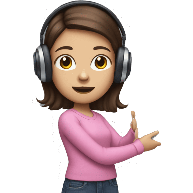 Brunette haired girl wearing pink cat headphones adn holding a smart tablet emoji