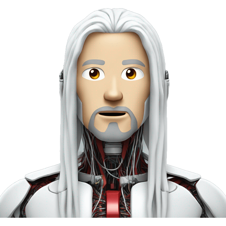 White long hair and goatee male cyborg head with red skin and wires  emoji