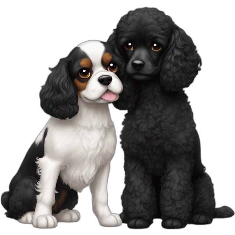 blenheim cavalier king charles spaniel and black mini poodle cuddle each other  emoji