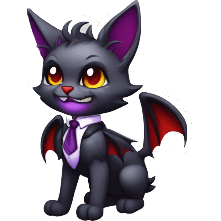 Anthro-Cute-Evil-Vampiric-Batty-Cat-Black-Purple-Red-Grey-White-Yellow-Contrast-Colors-Fantasy-Fur-Sona-Chibi-Shiny-Fakémon-Hybrid with horns and big fangs neck tie leg spats full body emoji