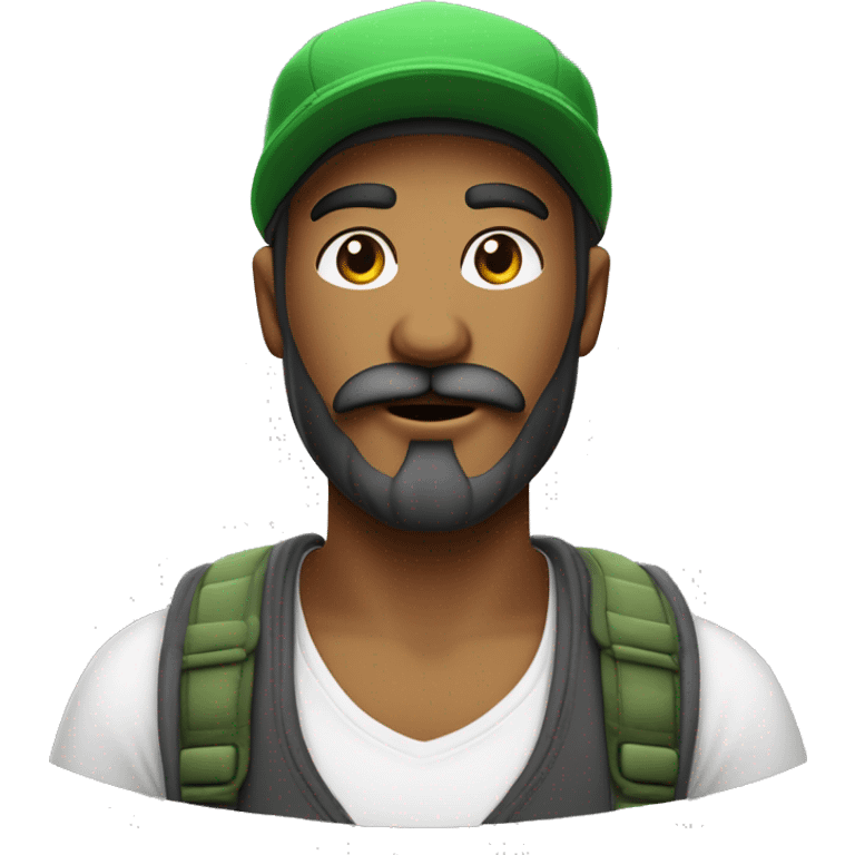 Créer un jeune homme métisse avec une barbe et une moustache et des favoris  avec une casquette verte et un t shirt blanc emoji