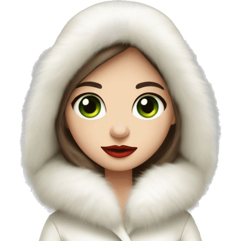 Slavic girl with green eyes and brown long hair wearing a white fur hat and white fur coat with red lips emoji